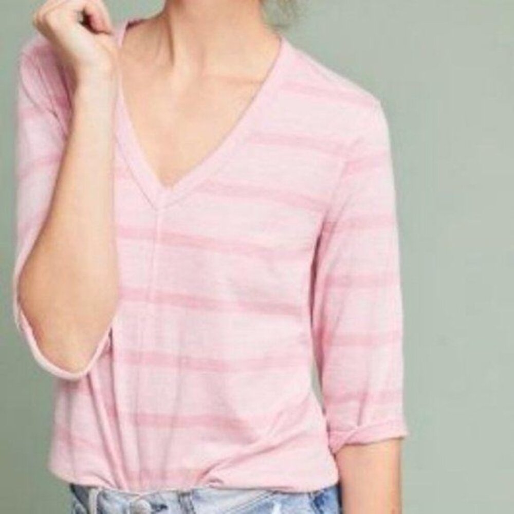 Anthropologie Pink Striped V-Neck Top